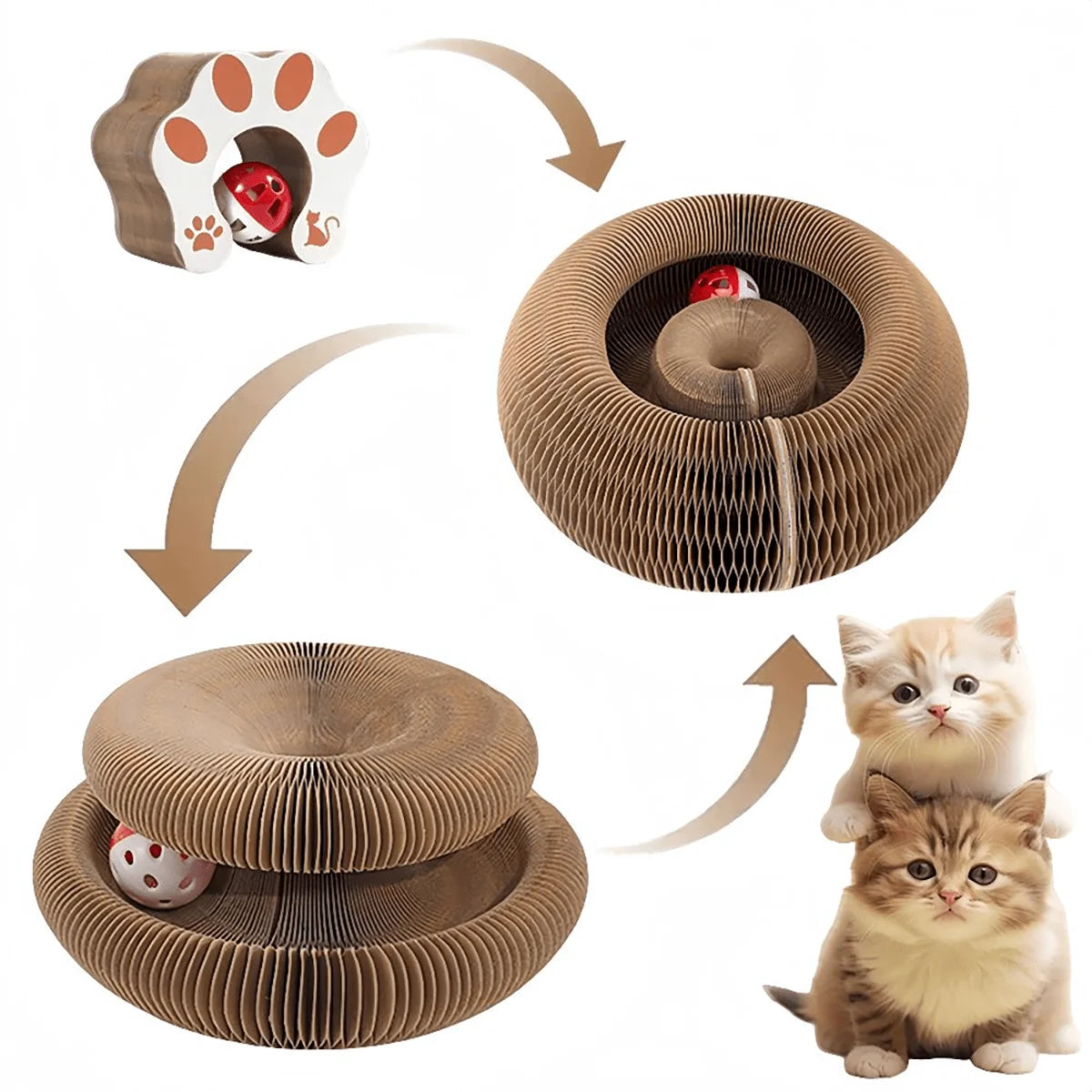 Foldable Cat Scratcher with Bell & Catnip - Multi-Level Cardboard Toy